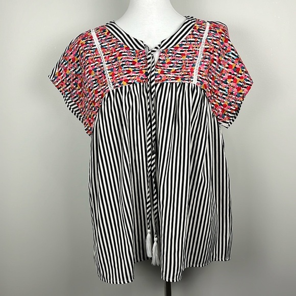 Savanna Jane Striped Multi Color Embroidered Boho Peasant Flowy Popover Top Sz L - Picture 2 of 11